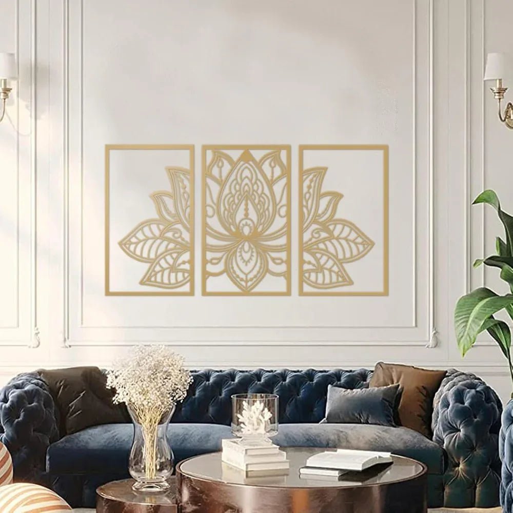 Art mural en métal doré lotus mandala fait main - Décor Boho Zen pour salon - IVOIRART.COM
