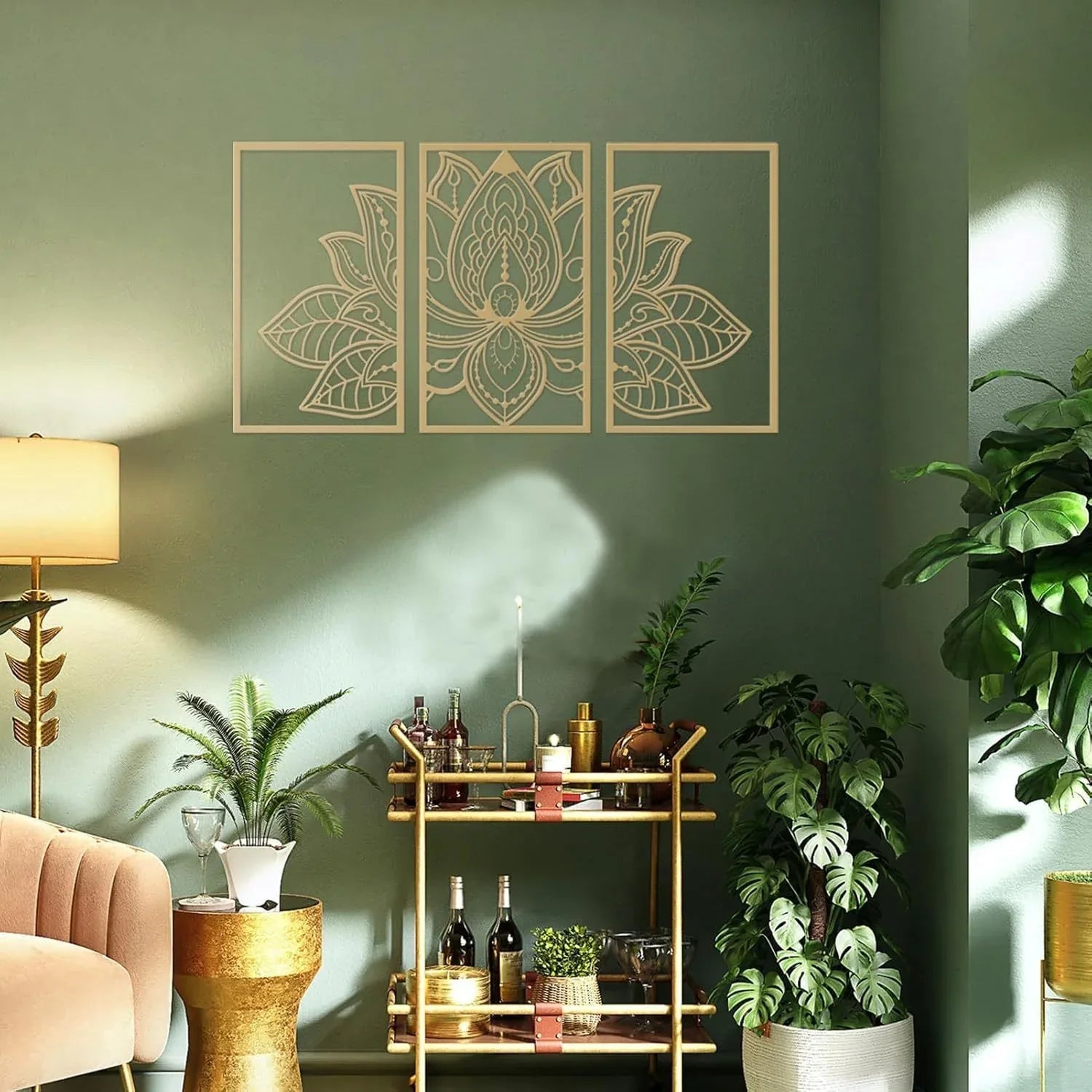 Art mural en métal doré lotus mandala fait main - Décor Boho Zen pour salon - IVOIRART.COM