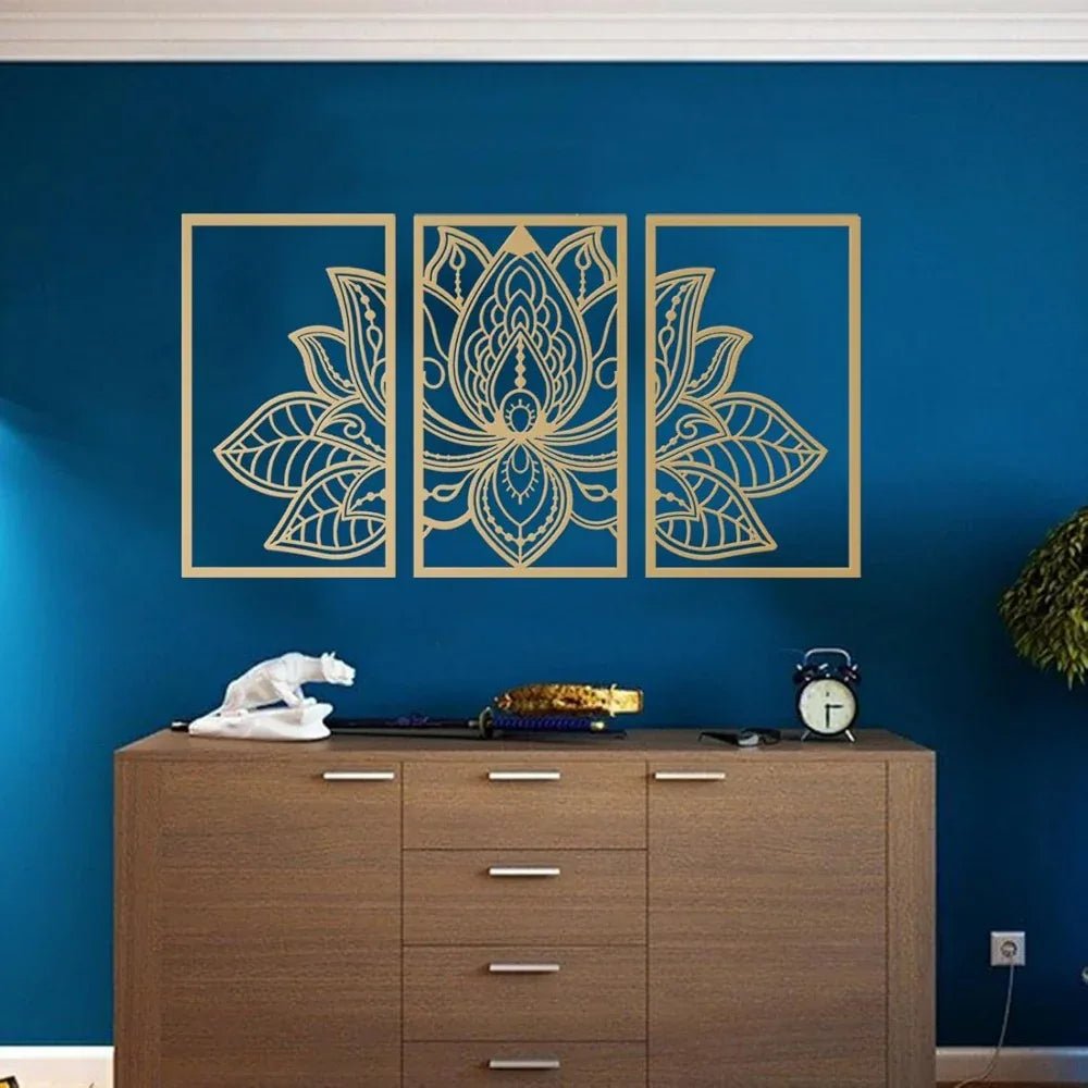 Art mural en métal doré lotus mandala fait main - Décor Boho Zen pour salon - IVOIRART.COM