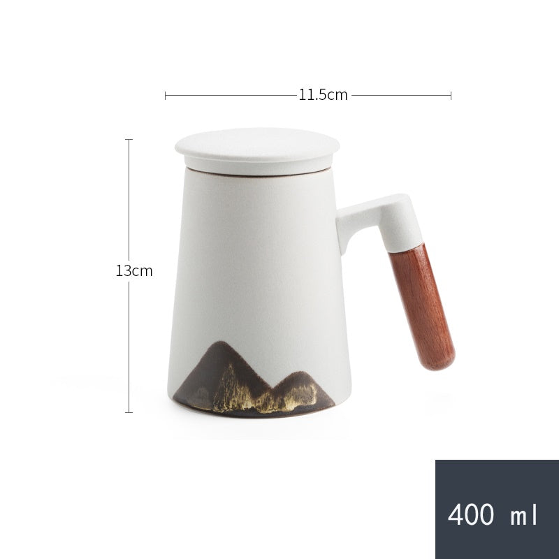 Tasse peinte à la main Factory Creative Yuanshan avec poigné en bois, tasse à thé en céramique avec couvercle et filtre, trois pièces, bureau, maison