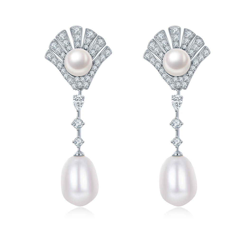 Boucles d'oreilles pendantes en argent sterling S925, perles goutte, pavé éventail, plaqué platine, 4,5 g, coffret cadeau