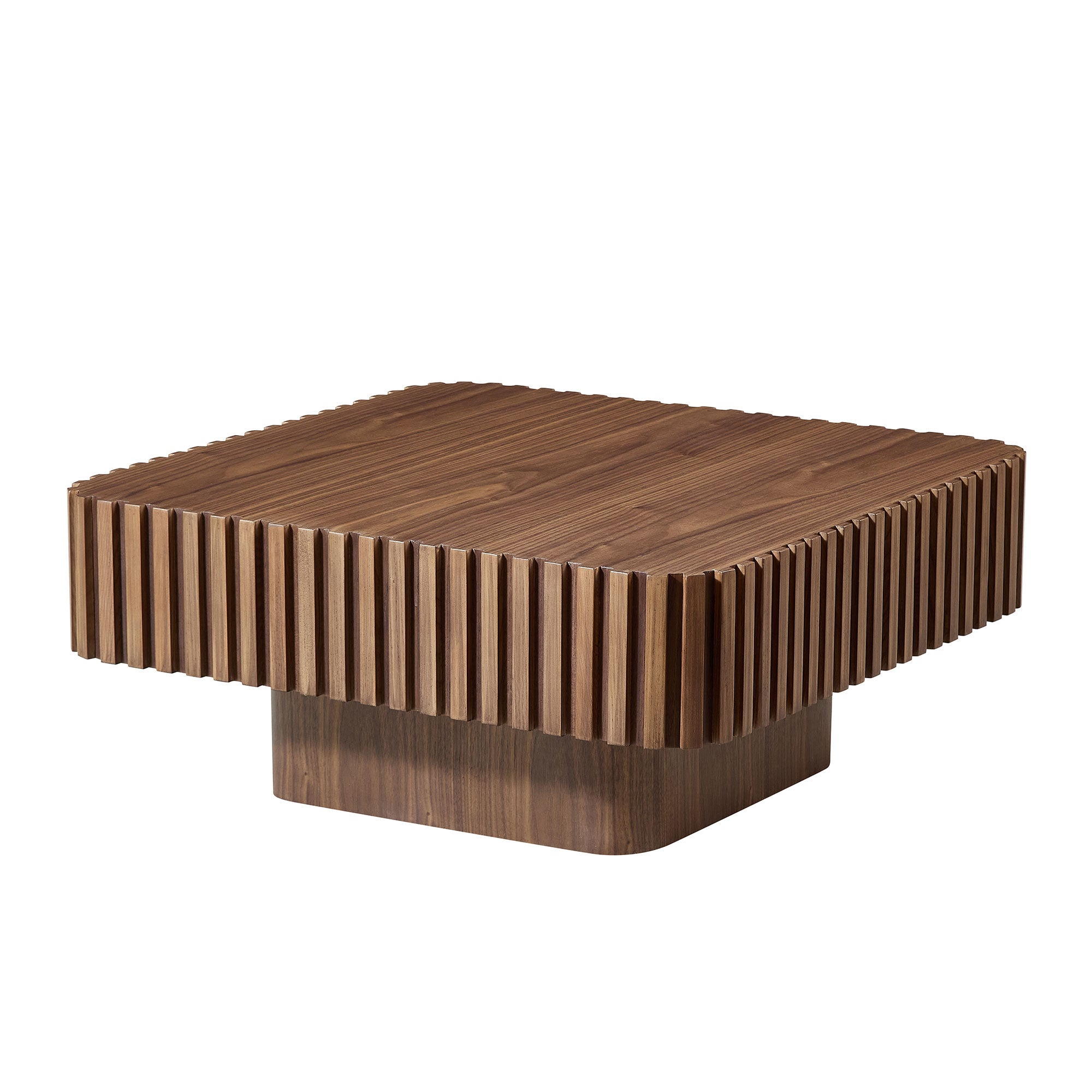 31.5 Inch Modern Handcraft Drum Coffee Table Square Coffee Table For Living Room,Small Wooden Coffee Table With Sturdy MDF Pedesta,Walnut Color