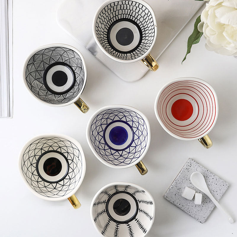 Mug en céramique japonais géométrique à large ouverture, pincé à la main, irrégulier