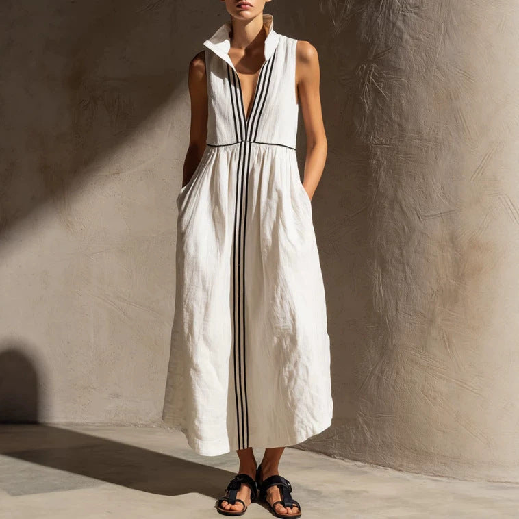 Robe décontractée rétro en coton-lin blanc à rayures avec ruban en soie blanche
