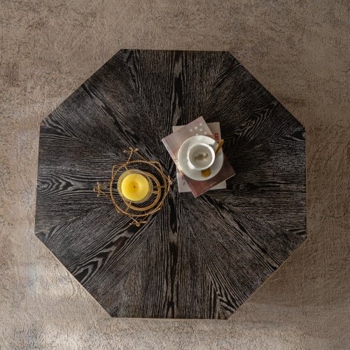 Table basse octogonale, table basse centrale rétro en bois de 96,5 cm (38 pouces) avec motif en relief tridimensionnel, table basse ronde rustique pour salon ou maison