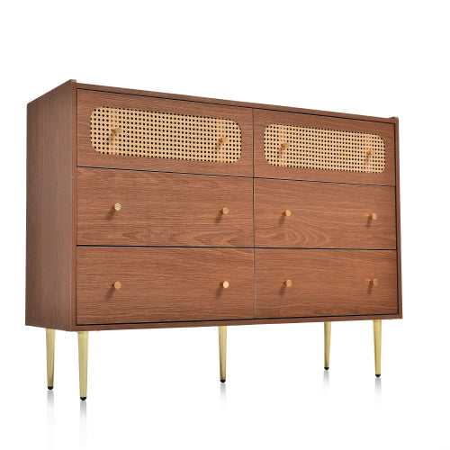 Rattan Sideboard Cabinet For Living Room, Chest Of Drawers With 6 Drawers, Walnut -40D X 120W X 90H Centimetres