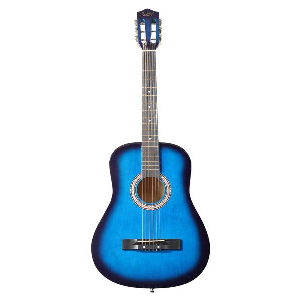Guitare acoustique ronde bleue de 38 pouces avec médiators, cordes, capo, étui, accordeur et sangle