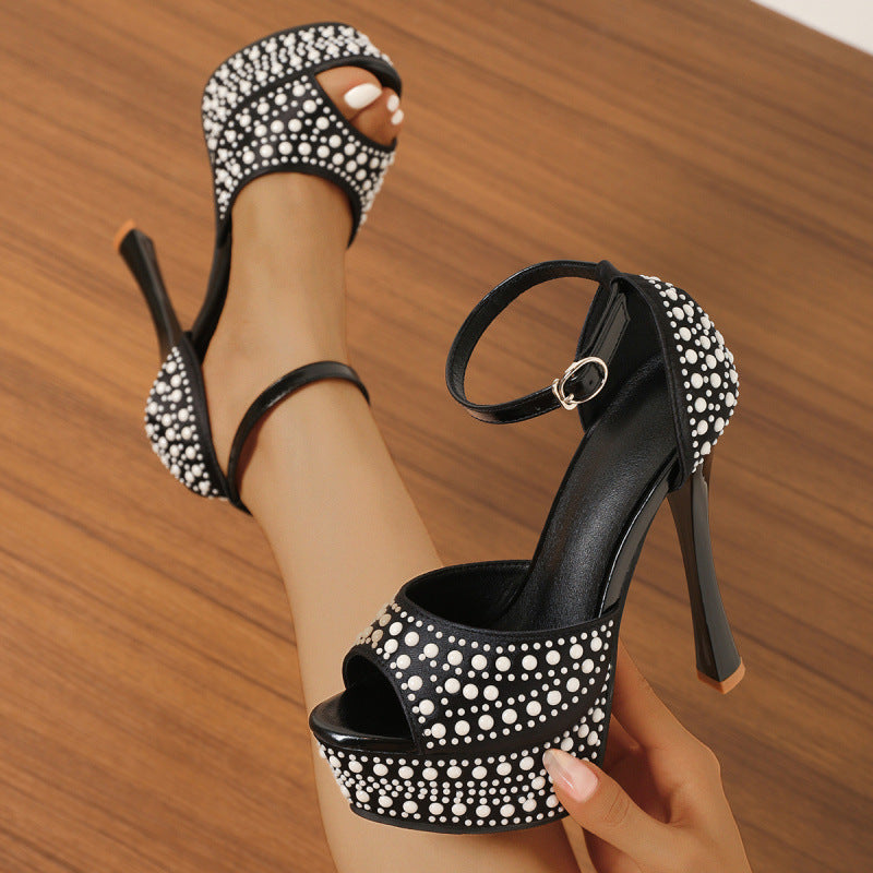 Sandales à Plateforme Imperméables à Brides Perle et Talons Ultra Hauteur
