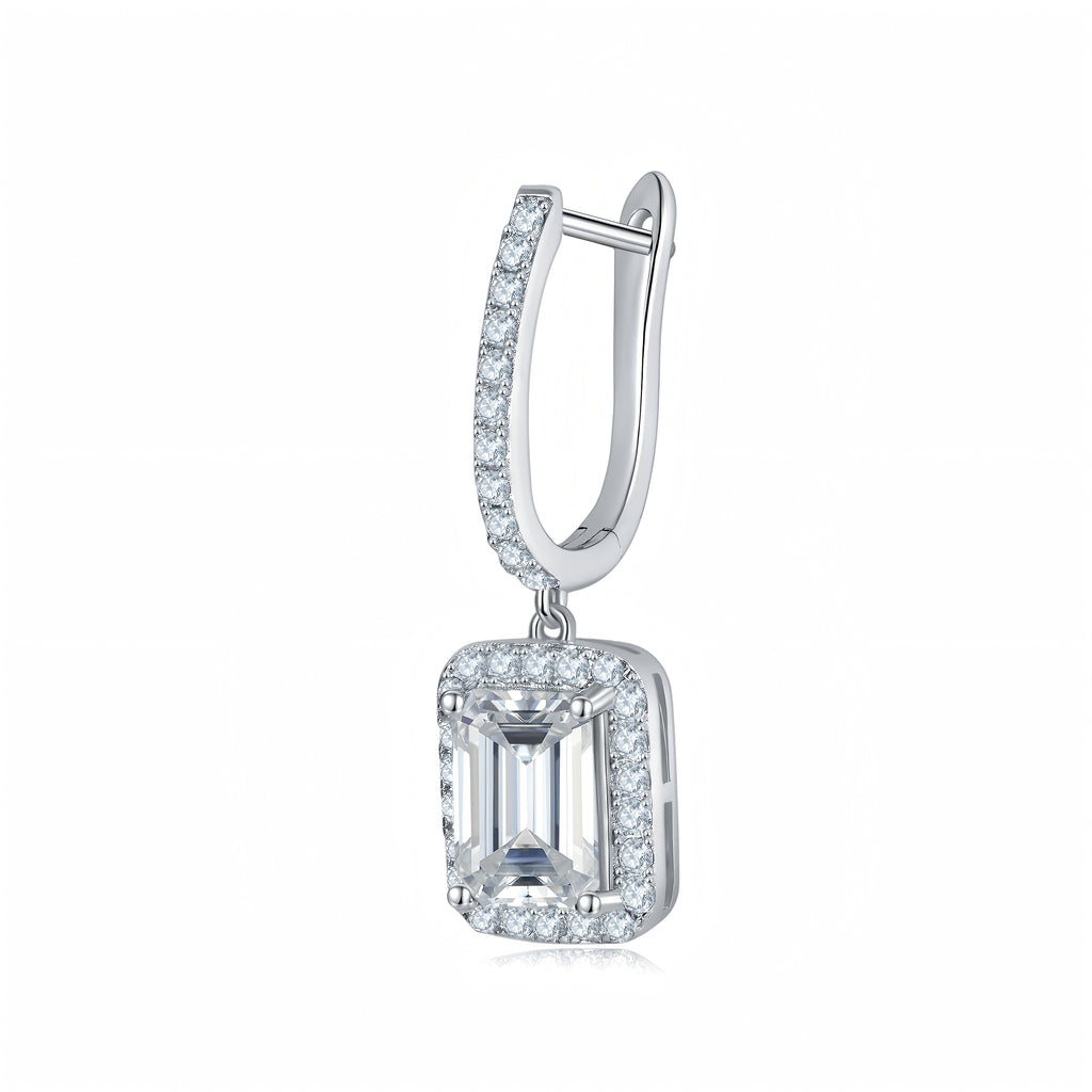 Boucles d'oreilles créoles à effet halo en moissanite taille émeraude 6x8mm, argent sterling S925 plaqué platine, certificat GRA, coffret cadeau luxe