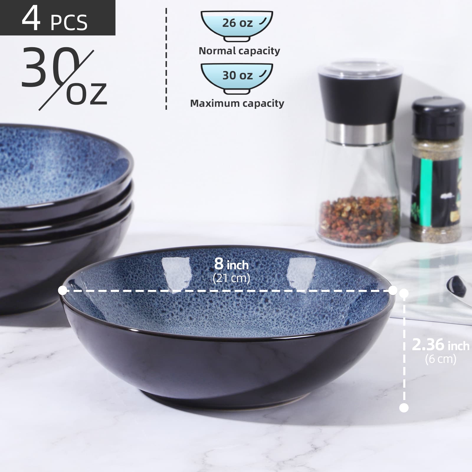 Bol artistique Western Kiln Change Peacock Blue 30 oz – Ensemble de 4 bols pour céréales, salade, pâtes, soupe et dessert, idéal pour service, lave-vaisselle, micro-ondes et four