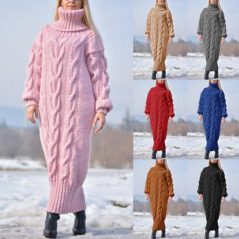 Robe Pull-over en Laine Tricotée Ample à Col Montant et Motif Torsadé