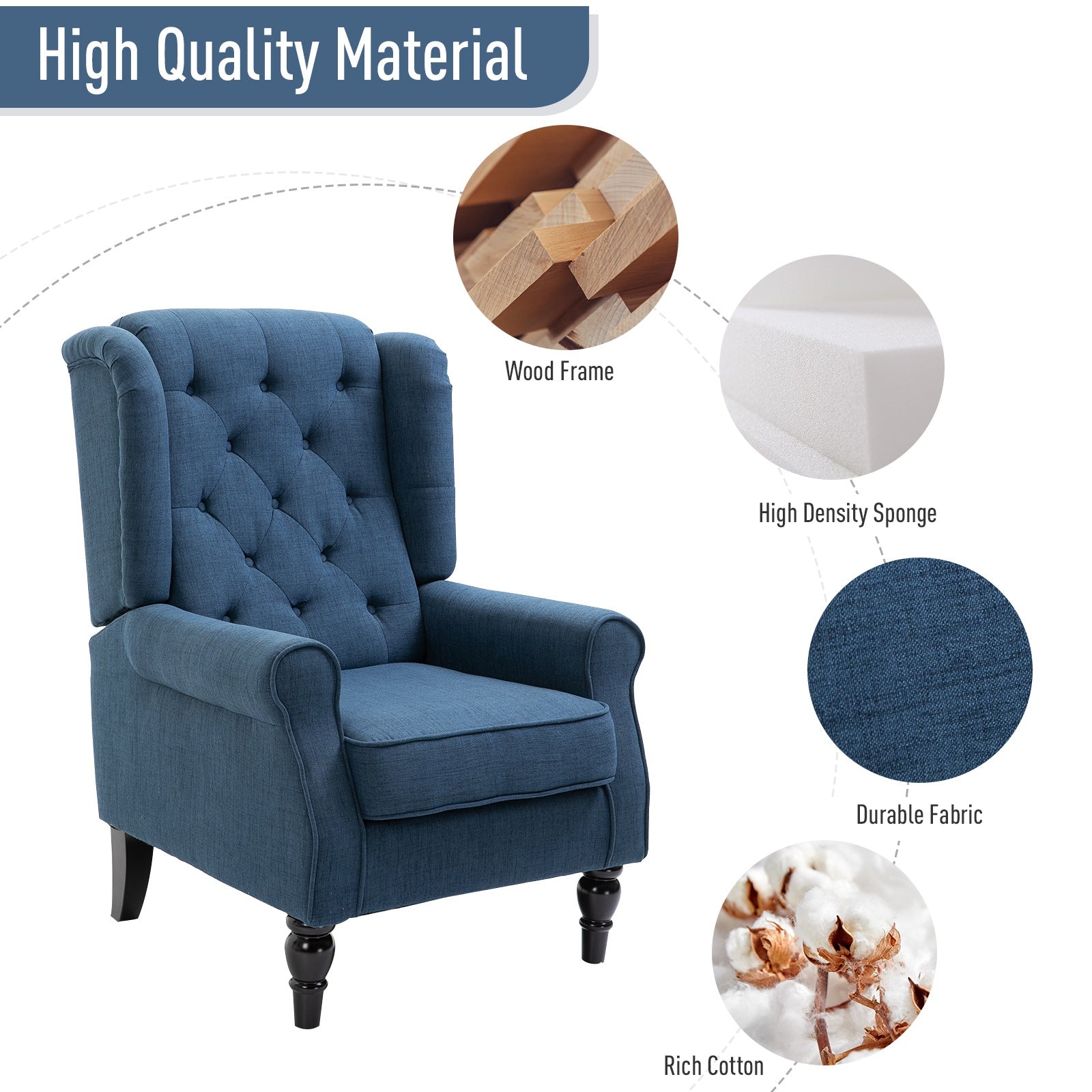 Fabric Tufted Club Accent Chair with Wooden Legs, Blue