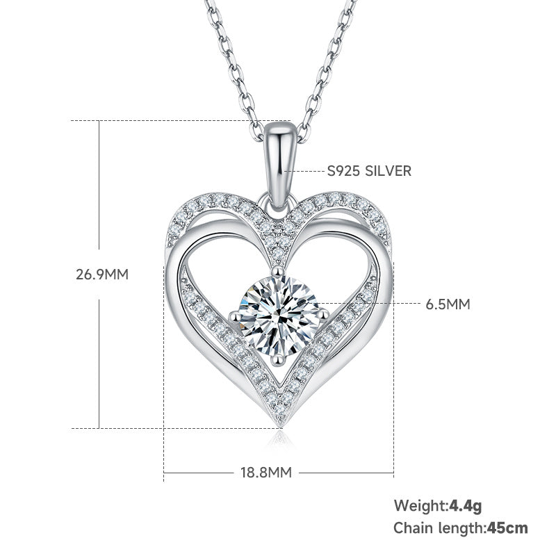 Collier cœur Moissanite en argent sterling S925 4,4g, 45cm, 42 pierres GRA, coffret cadeau romantique plaqué platine