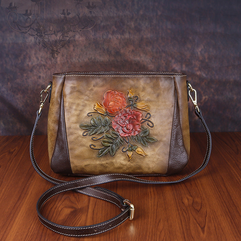 Sac à Épaule Vintage pour Femme en Cuir de Vache Gaufré et Embossé