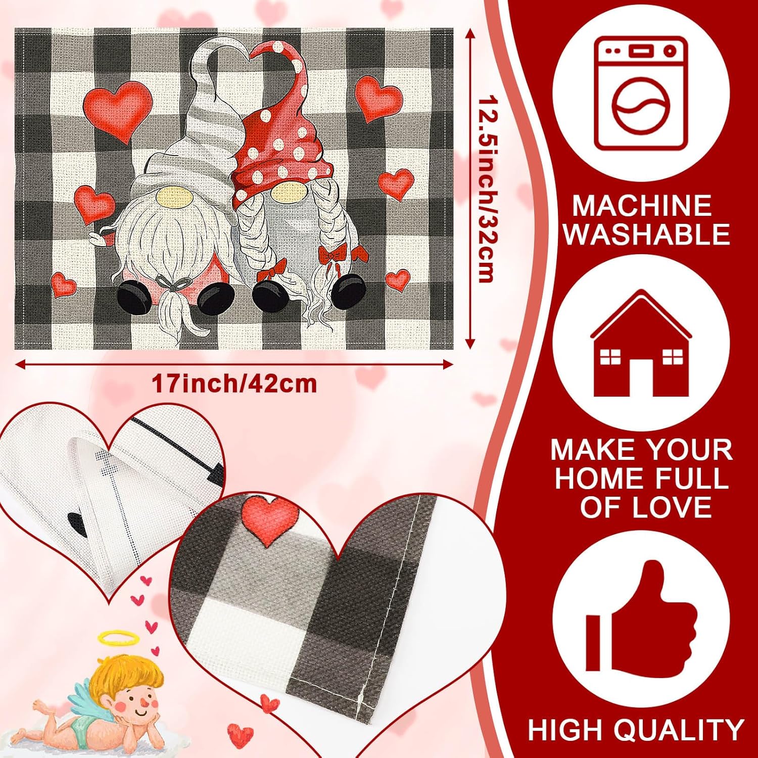 Set De 4 Sets De Table Pour La Saint-Valentin, 17x12,5 Pouces Avec Motif De Gnomes Et De Coeurs Pour Fêtes De Vacances Et Réunions Familiales - Vente Clearance