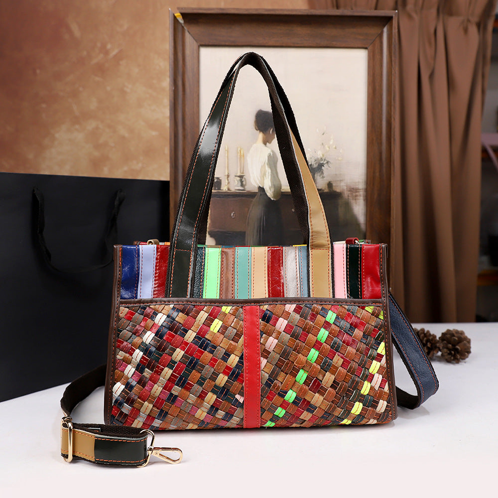 Sac à main vintage pour femme en cuir véritable patchwork coloré tissé