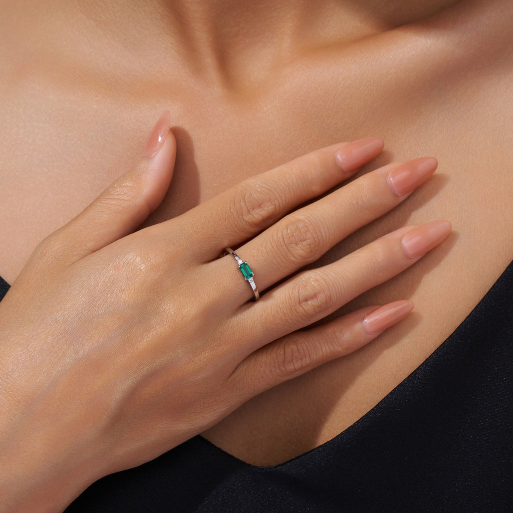 Bague 1,5 g Argent S925 Plaqué Platine Octogone Émeraude Synthétique Fine - IVOIRART.COM