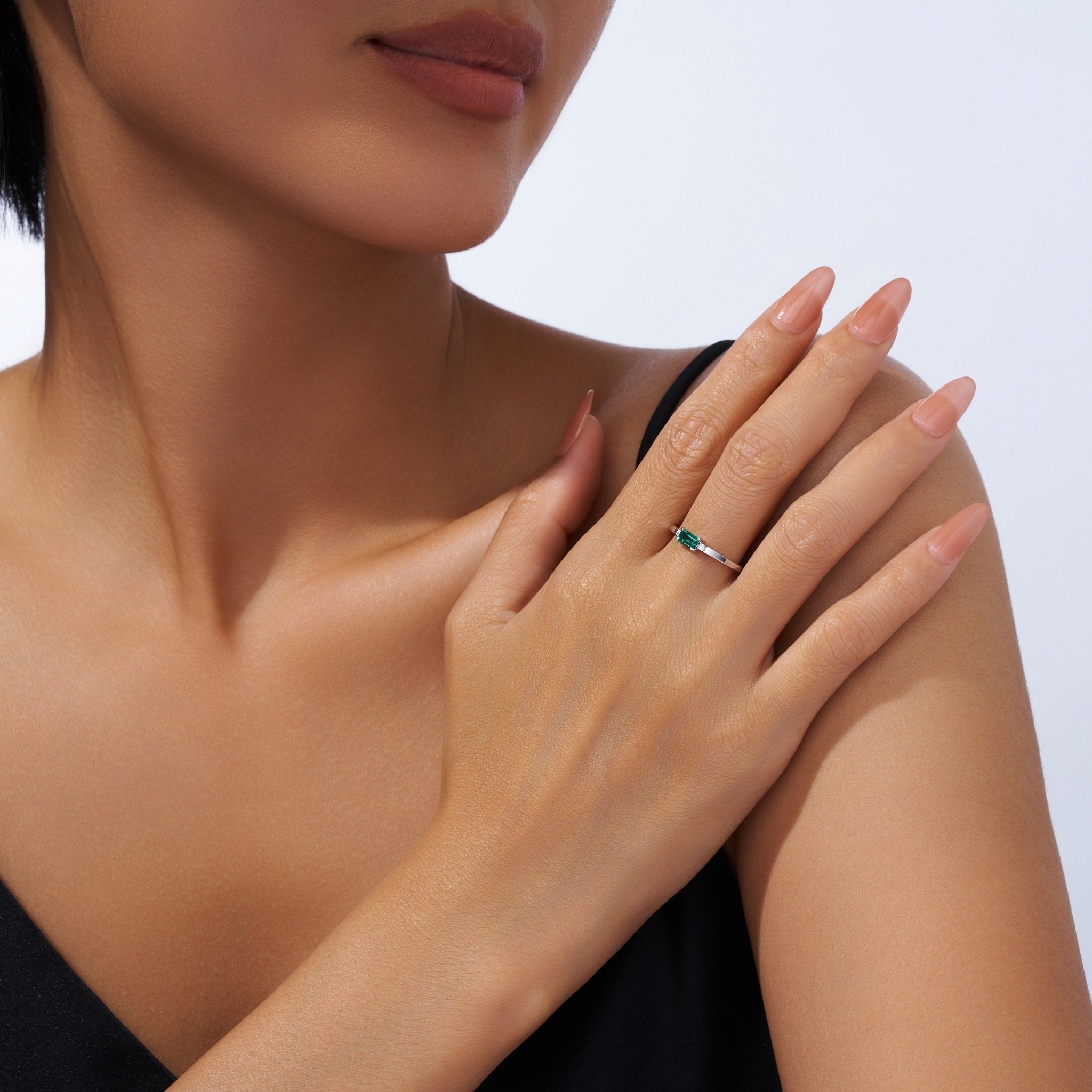 Bague 1,5 g Argent S925 Plaqué Platine Octogone Émeraude Synthétique Fine - IVOIRART.COM