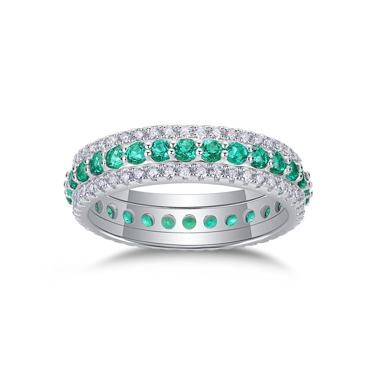 Bague 3,6g en argent sterling S925 plaqué platine, 3 rangs pavés vertes - IVOIRART.COM