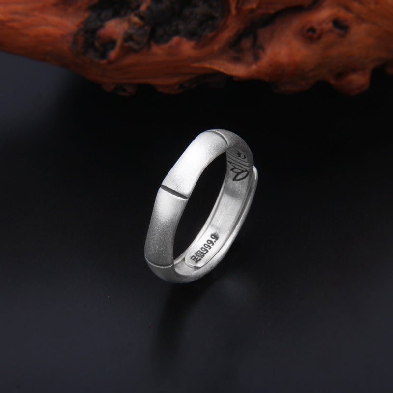 Bague articulée en bambou en argent pur S9999 pour succès professionnel, style chinois traditionnel, anneau feuille de bambou ajustable au tempérament littéraire - IVOIRART.COM