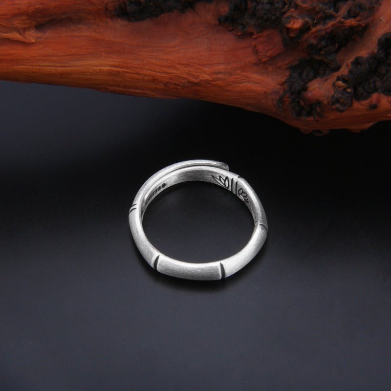 Bague articulée en bambou en argent pur S9999 pour succès professionnel, style chinois traditionnel, anneau feuille de bambou ajustable au tempérament littéraire - IVOIRART.COM
