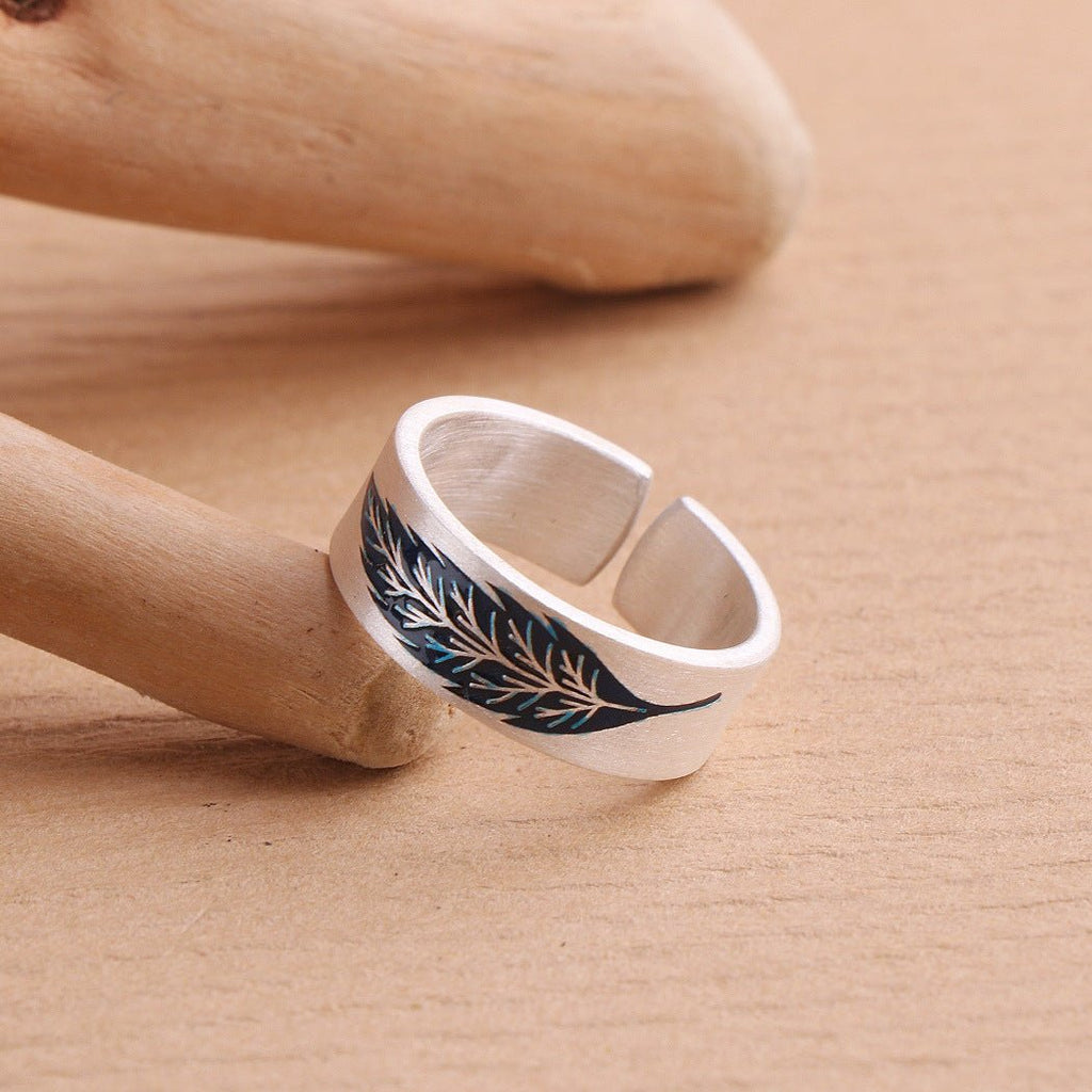 Bague Cloisonné en Argent Fin S999 avec Motif Feuille Original, Email Ajustable pour Femme - IVOIRART.COM