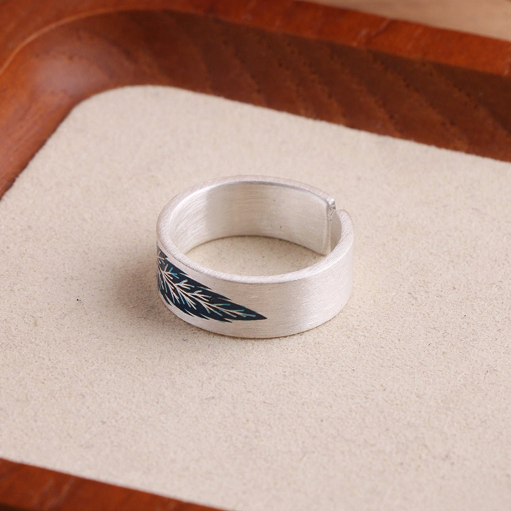 Bague Cloisonné en Argent Fin S999 avec Motif Feuille Original, Email Ajustable pour Femme - IVOIRART.COM