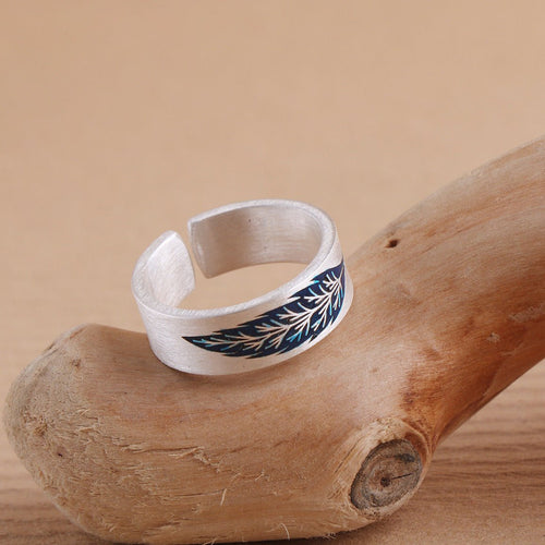 Bague Cloisonné en Argent Fin S999 avec Motif Feuille Original, Email Ajustable pour Femme - IVOIRART.COM
