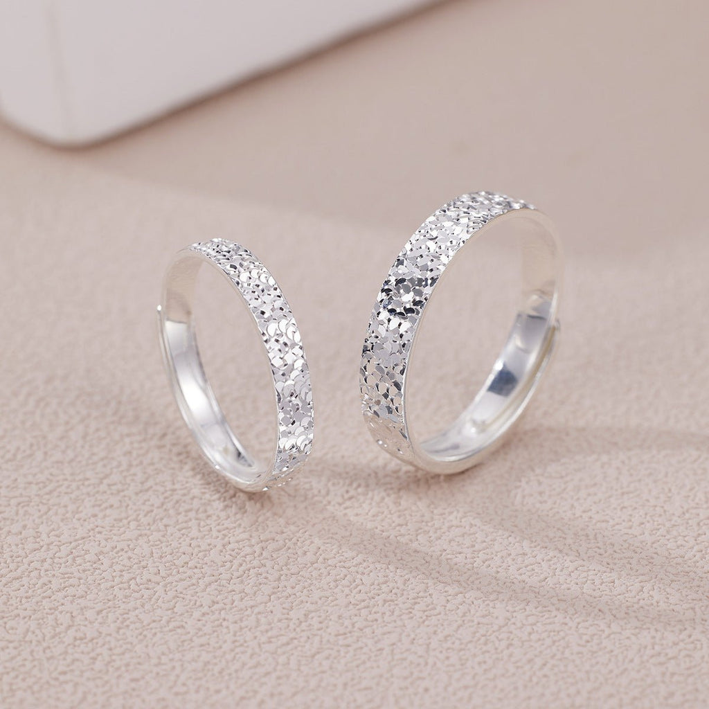 Bague Couple Ajustable Argent Pur S999 Super Étincelante Glace Fissurée Martelée - IVOIRART.COM