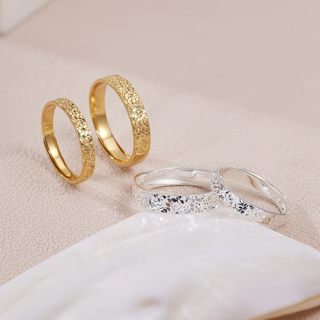 Bague Couple Ajustable Argent Pur S999 Super Étincelante Glace Fissurée Martelée - IVOIRART.COM