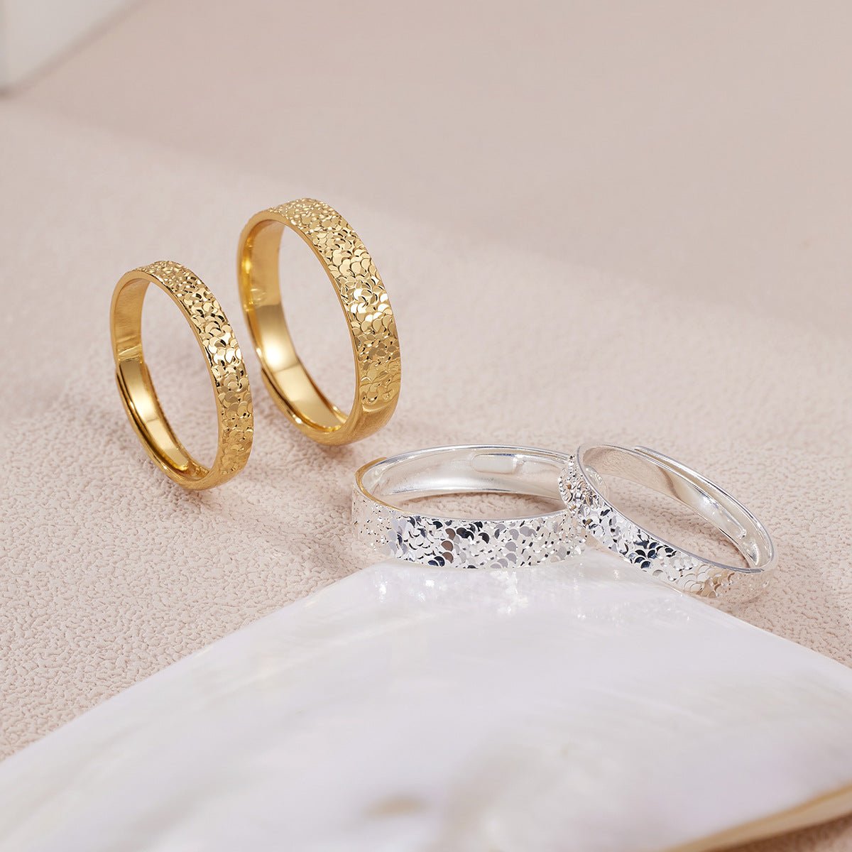 Bague Couple Ajustable Argent Pur S999 Super Étincelante Glace Fissurée Martelée - IVOIRART.COM