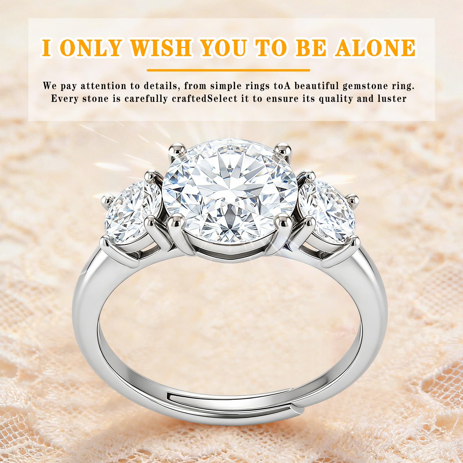 Bague de fiançailles 2 carats en moissanite, 3 pierres D couleur VVS1, or rose 14 carats plaqué or blanc, bague ajustable hypoallergénique - IVOIRART.COM