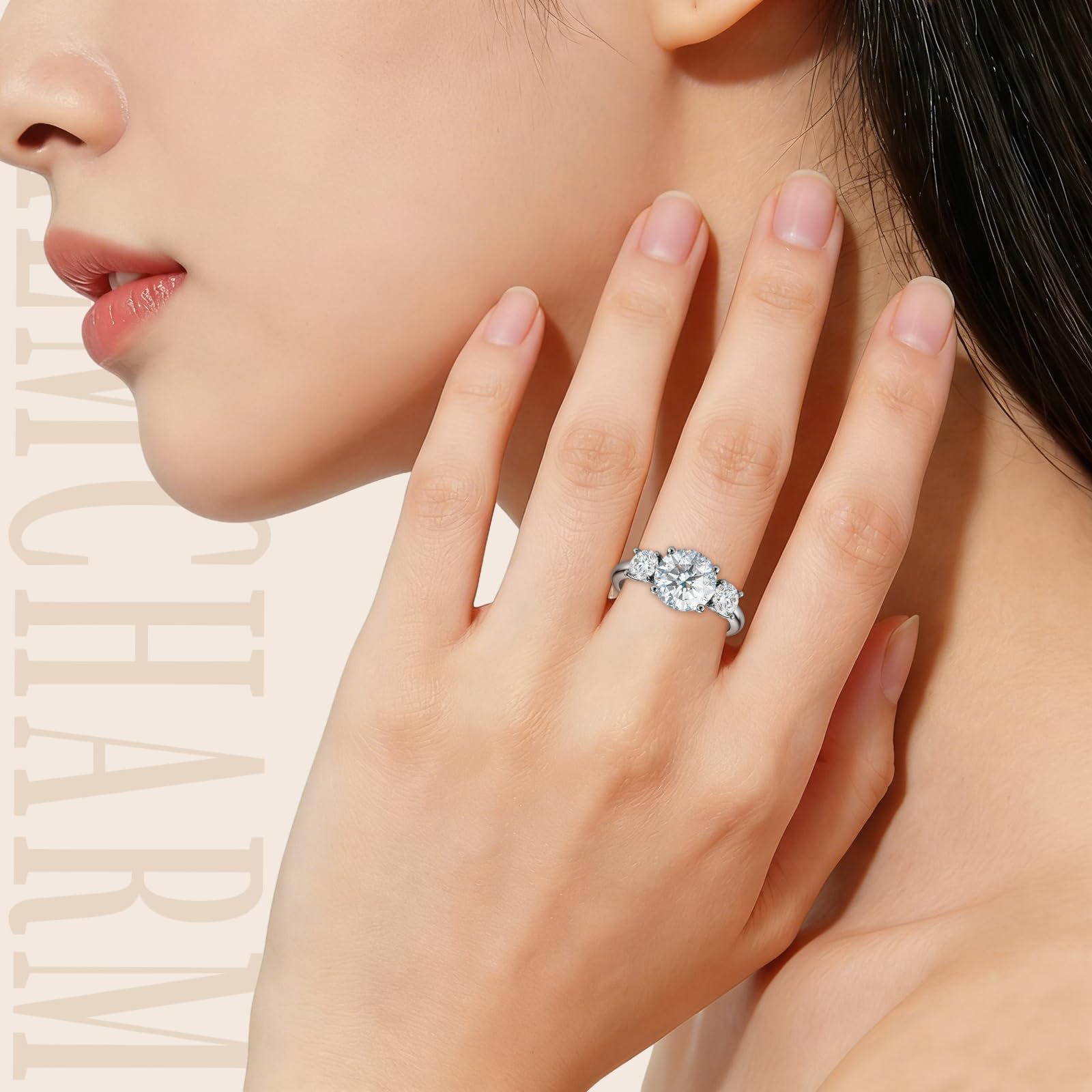 Bague de fiançailles 2 carats en moissanite, 3 pierres D couleur VVS1, or rose 14 carats plaqué or blanc, bague ajustable hypoallergénique - IVOIRART.COM