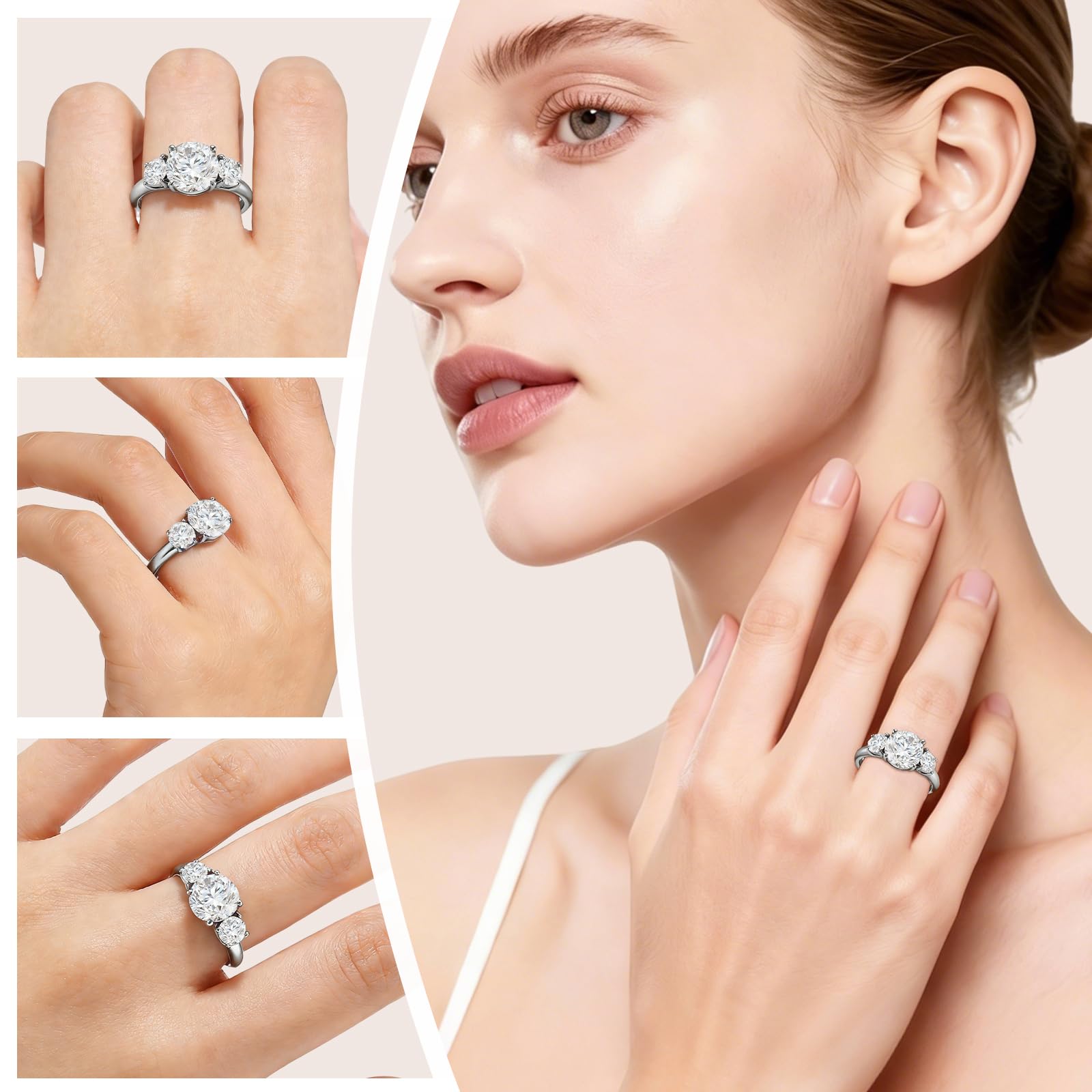 Bague de fiançailles 2 carats en moissanite, 3 pierres D couleur VVS1, or rose 14 carats plaqué or blanc, bague ajustable hypoallergénique - IVOIRART.COM
