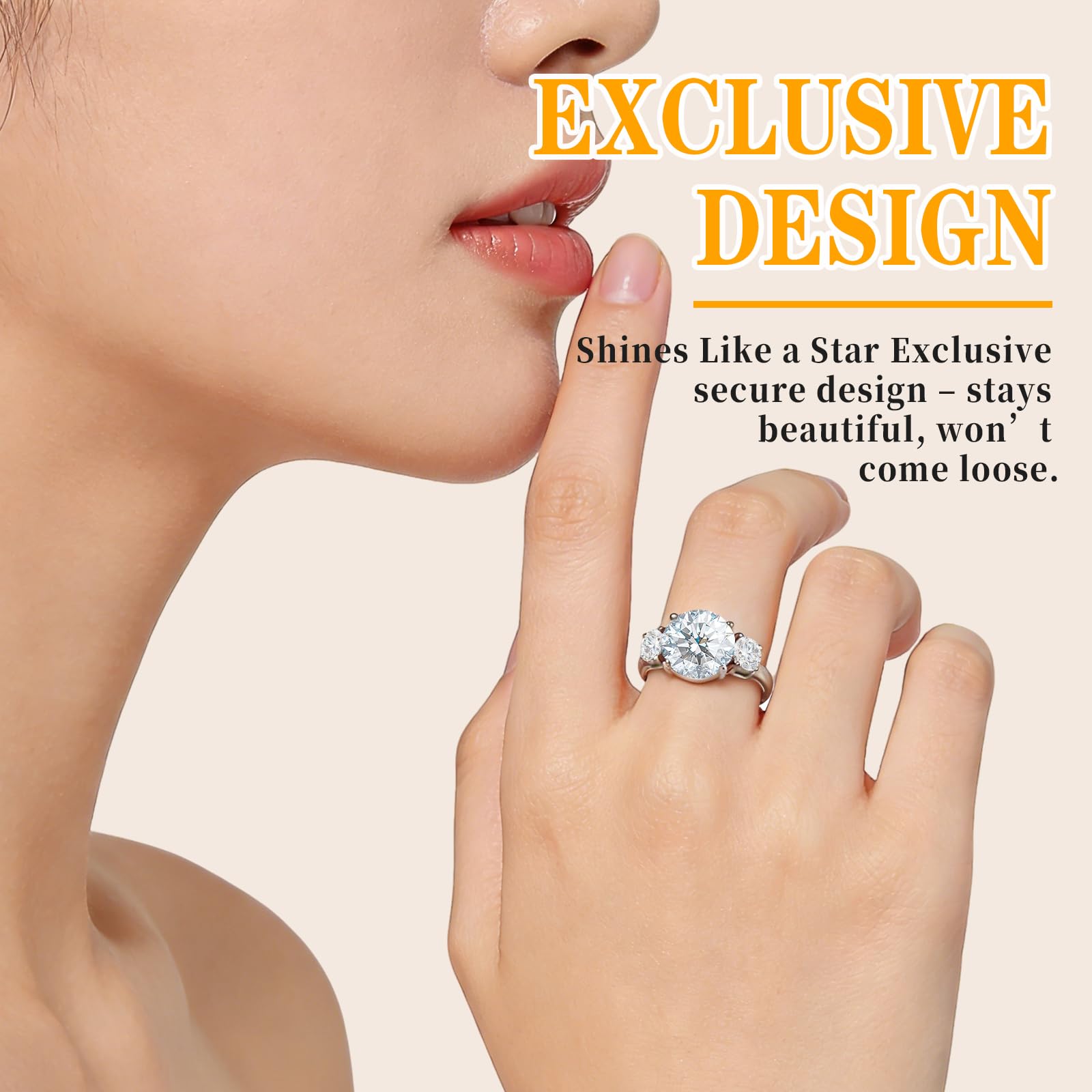Bague de fiançailles 2 carats en moissanite, 3 pierres D couleur VVS1, or rose 14 carats plaqué or blanc, bague ajustable hypoallergénique - IVOIRART.COM