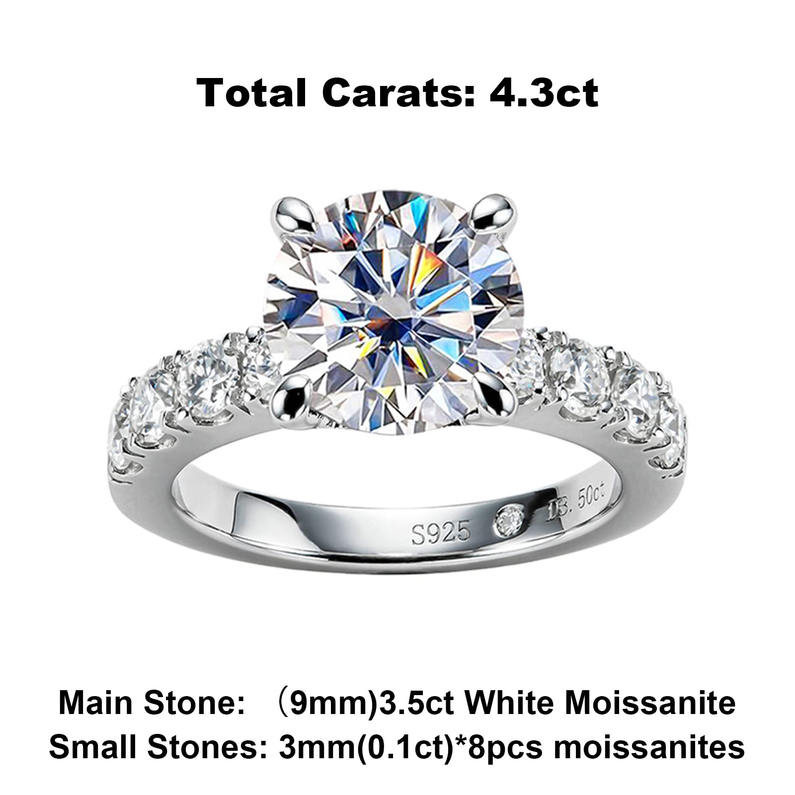 Bague de fiançailles en moissanite 4,3 cts total, argent sterling 925 D, anneau promesse élégant - IVOIRART.COM