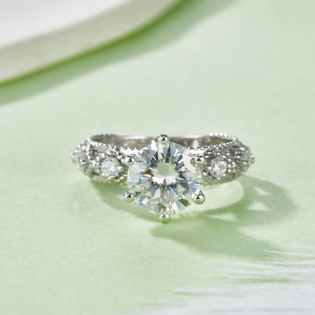 Bague de fiançailles moissanite 2 ct ronde 6 griffes, S925 plaqué platine D VVS1 - IVOIRART.COM
