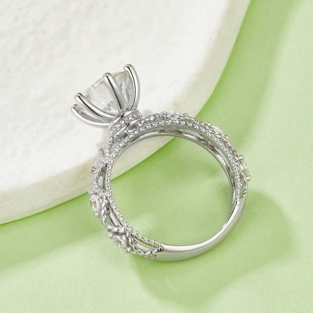 Bague de fiançailles moissanite 2 ct ronde 6 griffes, S925 plaqué platine D VVS1 - IVOIRART.COM