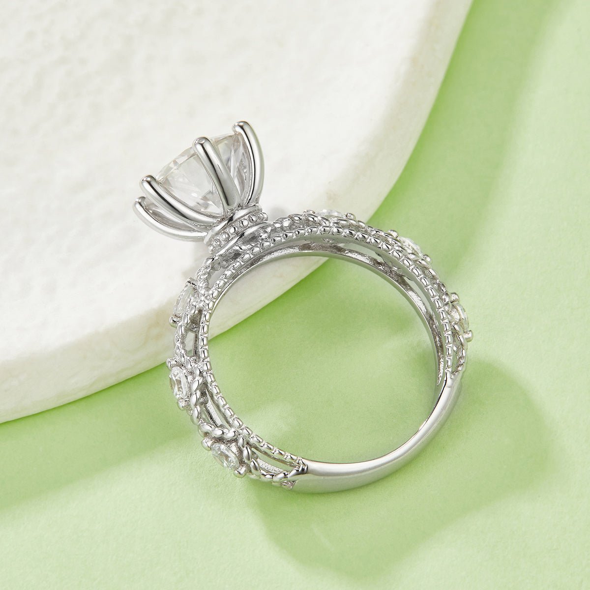 Bague de fiançailles moissanite 2 ct ronde 6 griffes, S925 plaqué platine D VVS1 - IVOIRART.COM
