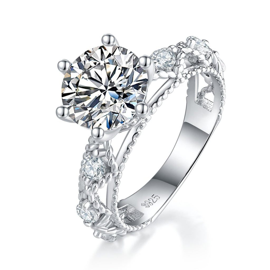 Bague de fiançailles moissanite 2 ct ronde 6 griffes, S925 plaqué platine D VVS1 - IVOIRART.COM