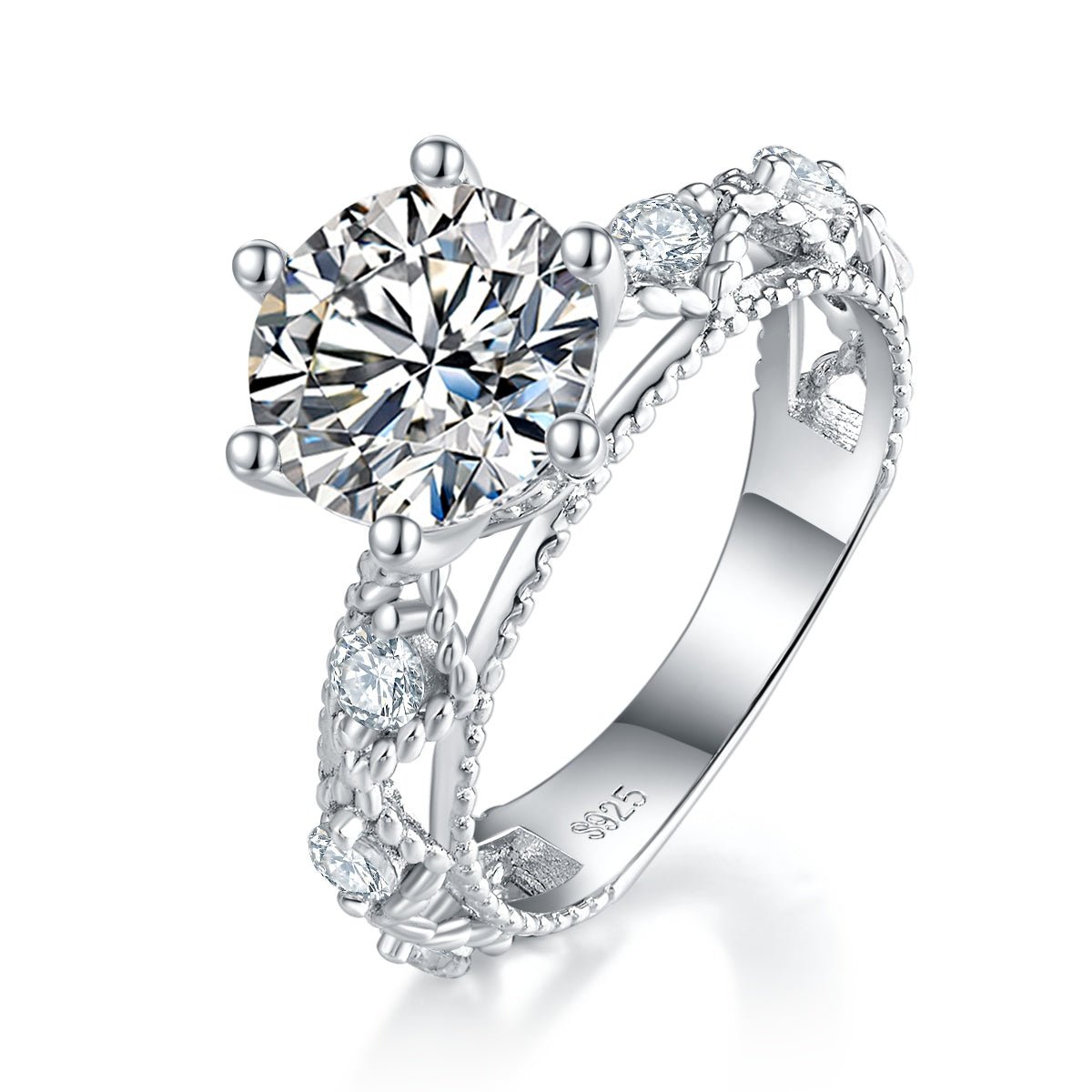 Bague de fiançailles moissanite 2 ct ronde 6 griffes, S925 plaqué platine D VVS1 - IVOIRART.COM