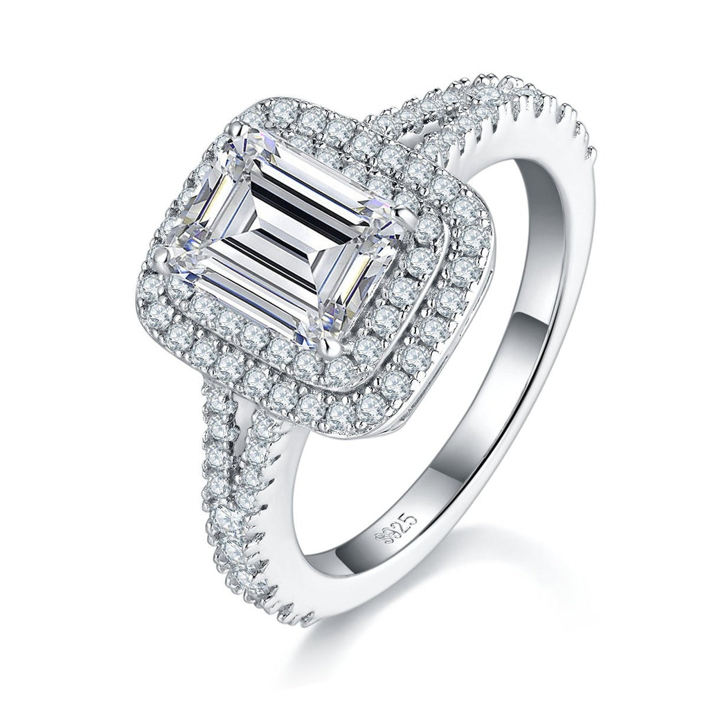 Bague de fiançailles moissanite 3 ct émeraude double halo S925 argenté - IVOIRART.COM