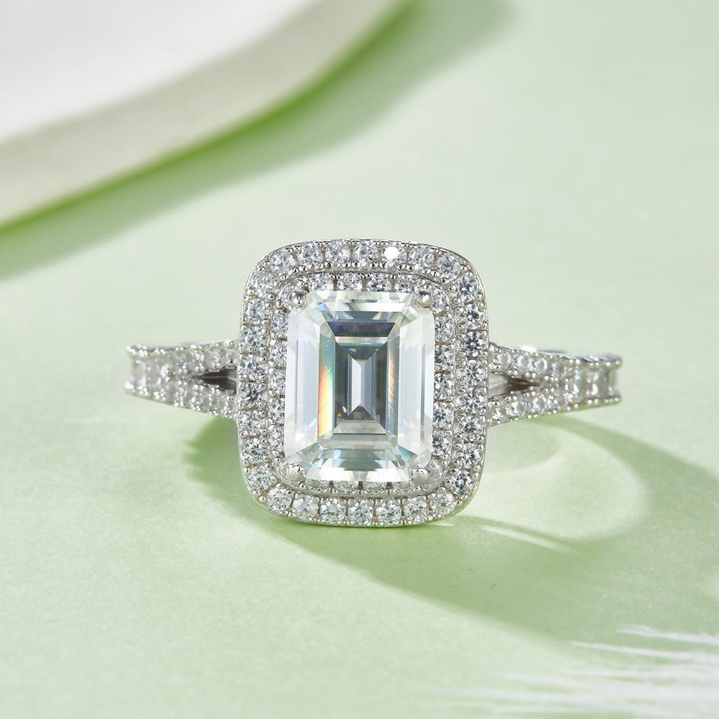 Bague de fiançailles moissanite 3 ct émeraude double halo S925 argenté - IVOIRART.COM