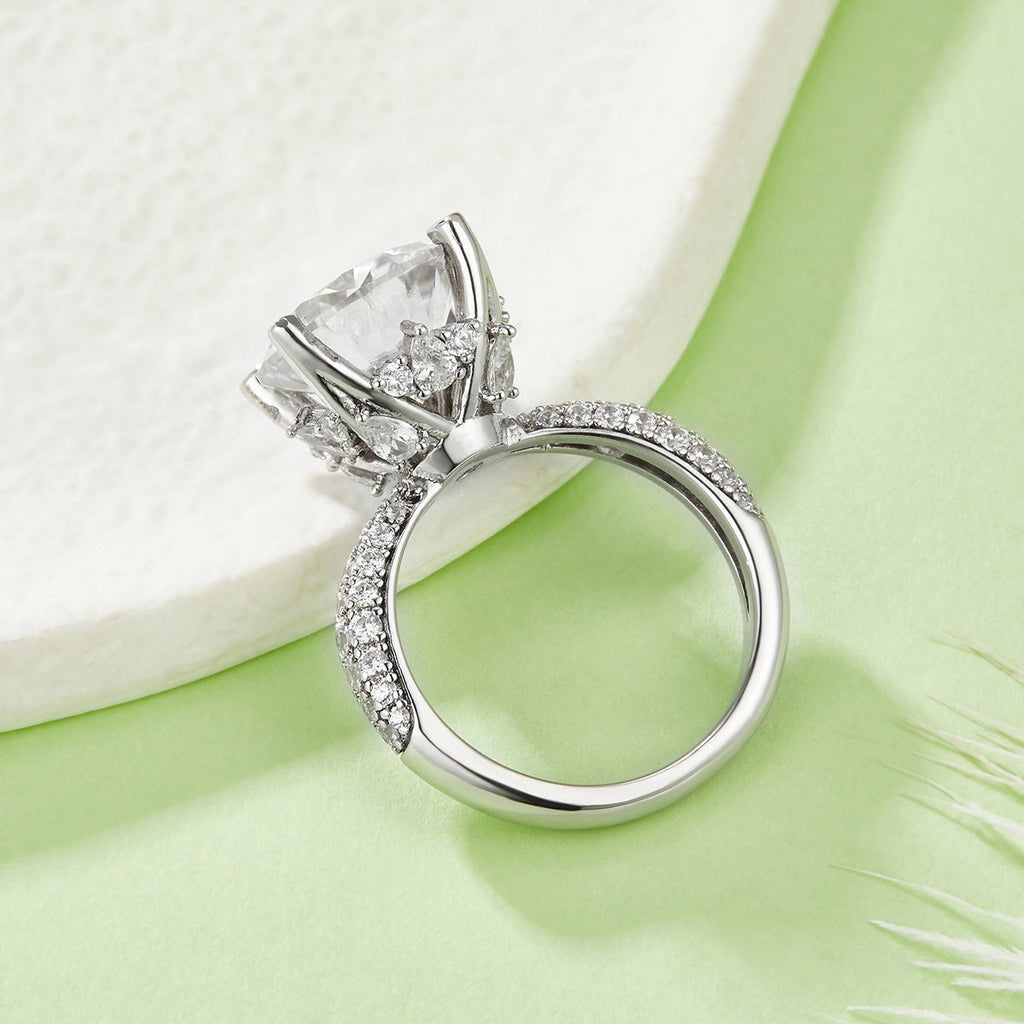 Bague de fiançailles Moissanite 5ct S925 argent 11mm D-VVS1, pavé plaqué platine - IVOIRART.COM