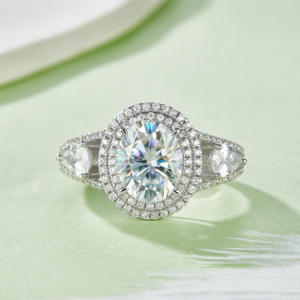 Bague de fiançailles ovale 3 ct Moissanite double halo S925 plaqué platine8x10mm - IVOIRART.COM