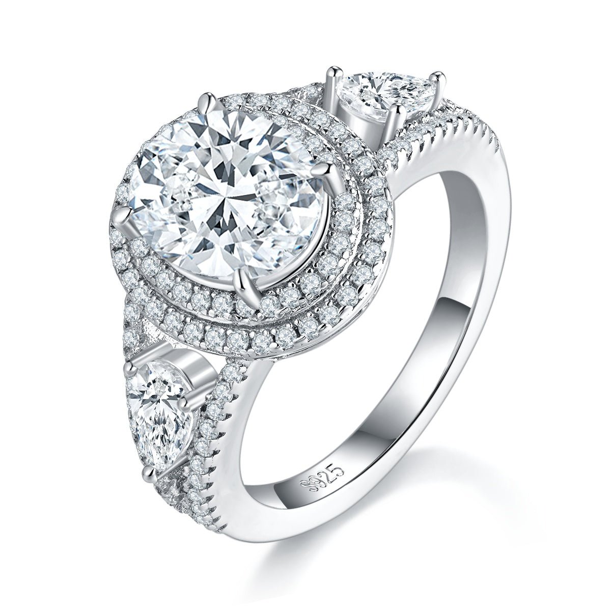 Bague de fiançailles ovale 3 ct Moissanite double halo S925 plaqué platine8x10mm - IVOIRART.COM