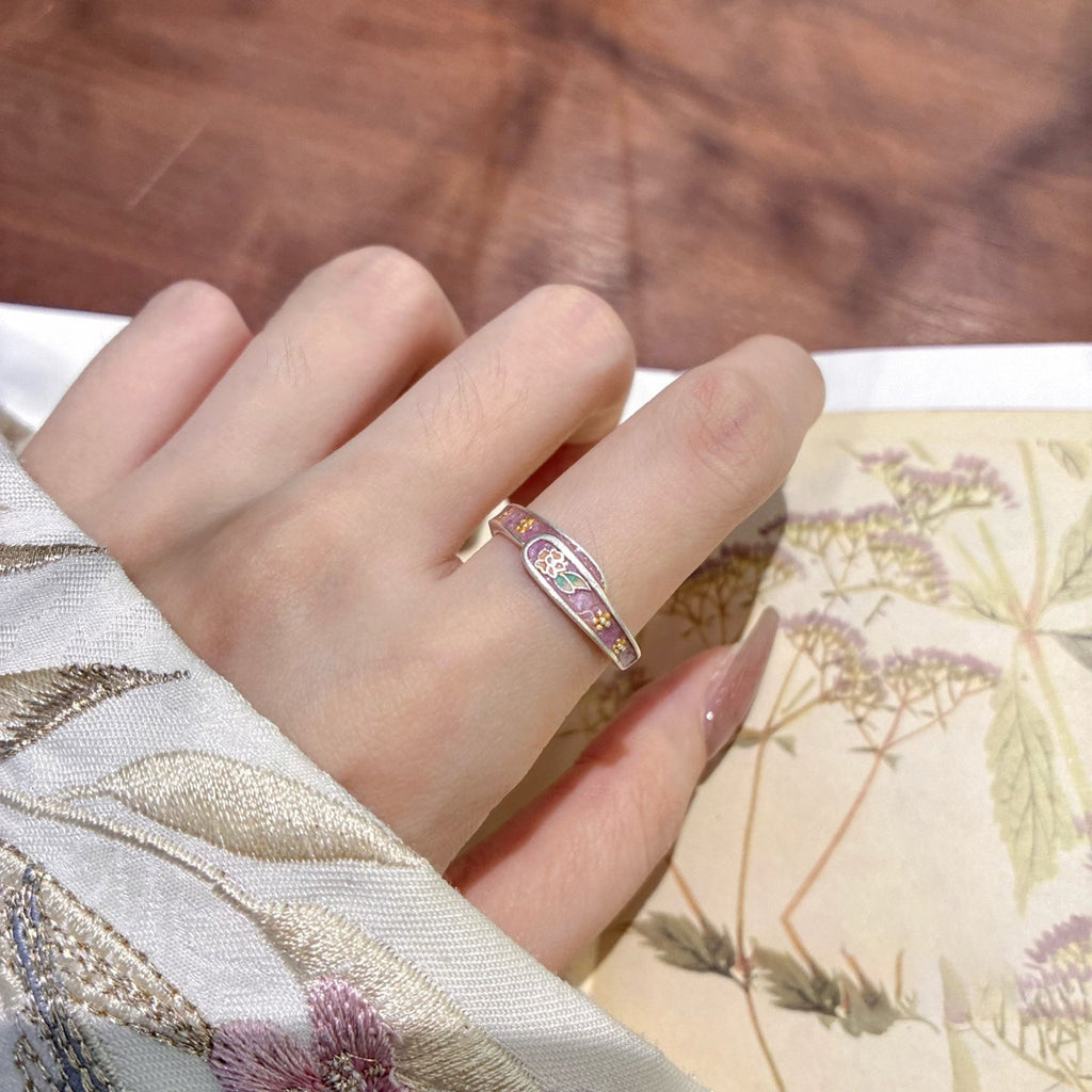 Bague Déclaration Fleur Émail Violet en Argent Sterling 999,9 Luxueuse et Délicate, Parfaite Cadeau Anniversaire Fêtes - IVOIRART.COM