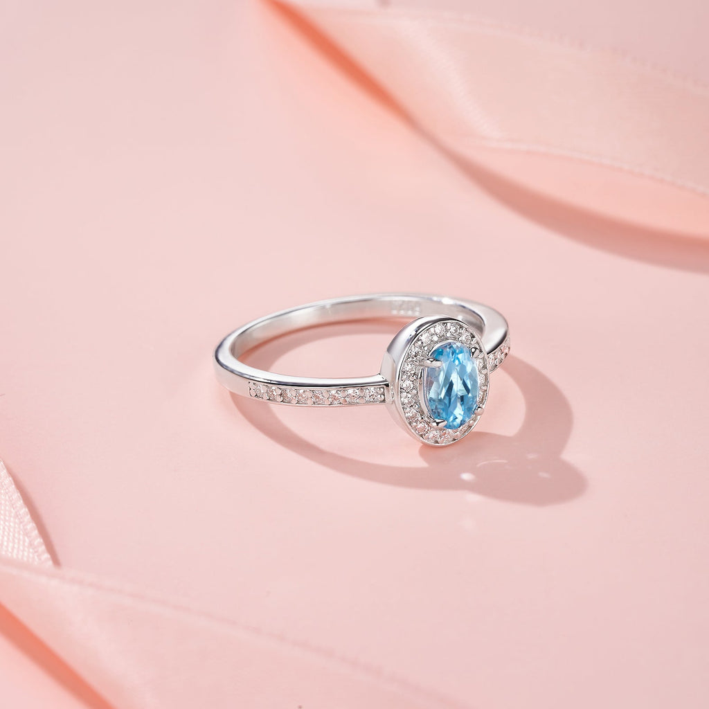Bague délicate promise en argent sterling S925 plaqué platine, topaze bleue ovale halo 2g, bijou mode femme, coffret cadeau - IVOIRART.COM