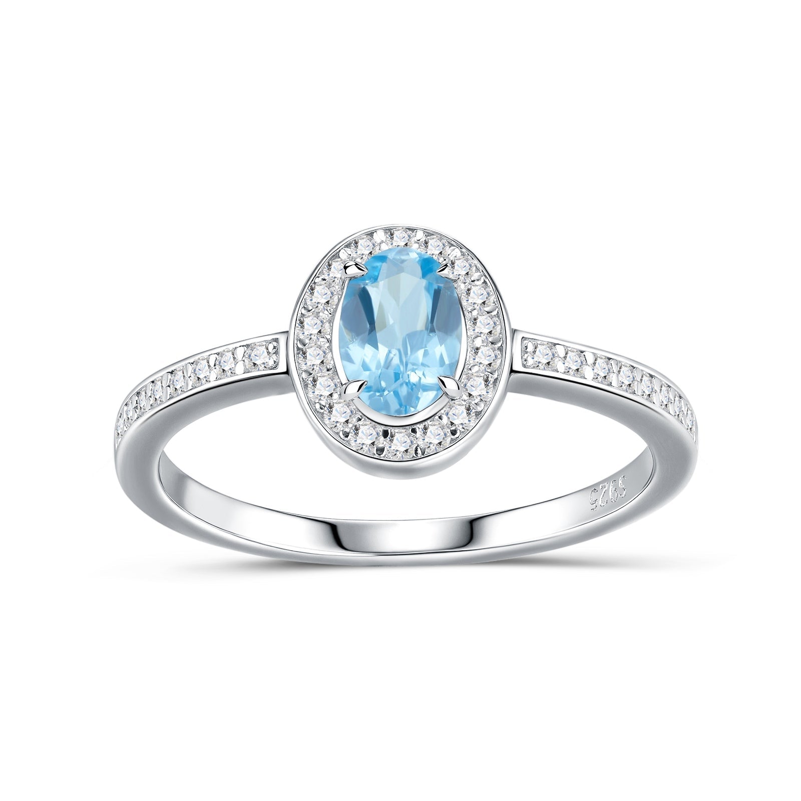 Bague délicate promise en argent sterling S925 plaqué platine, topaze bleue ovale halo 2g, bijou mode femme, coffret cadeau - IVOIRART.COM
