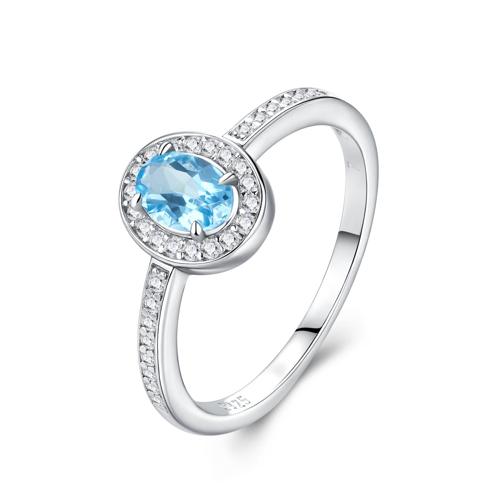 Bague délicate promise en argent sterling S925 plaqué platine, topaze bleue ovale halo 2g, bijou mode femme, coffret cadeau - IVOIRART.COM